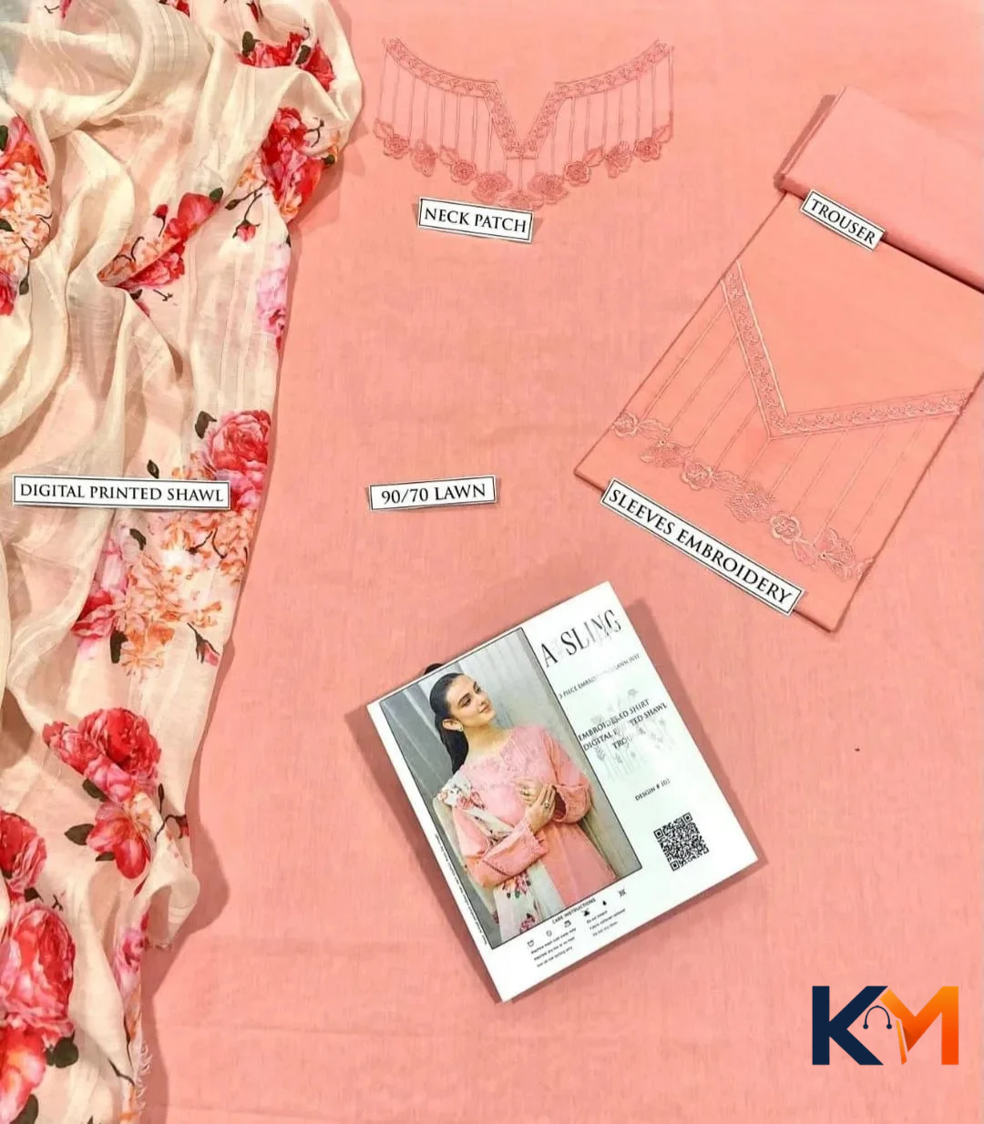 Unstitched Embroidered Peach Lawn 3-Piece Suit with Floral Dupatta