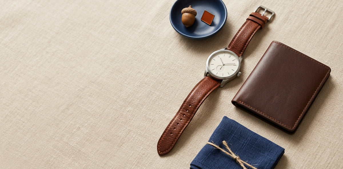 Watches and wallets flat lay on linen background