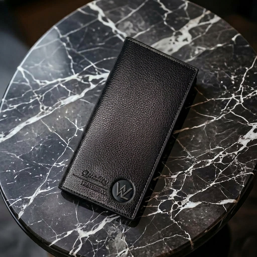 Black leather long wallet, front view