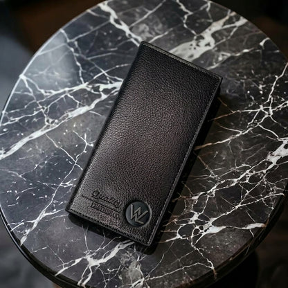Black leather long wallet, front view