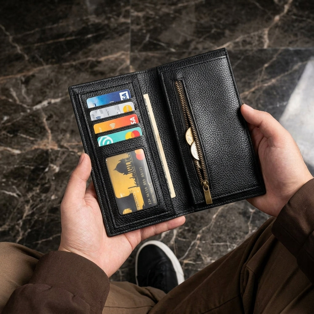 Black leather long wallet interior with card slots and zip coin pocket