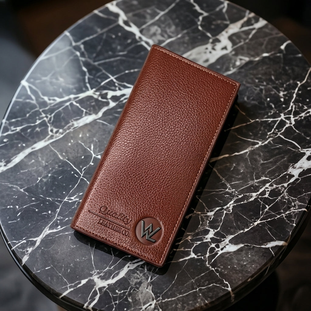 Brown leather long wallet, front view