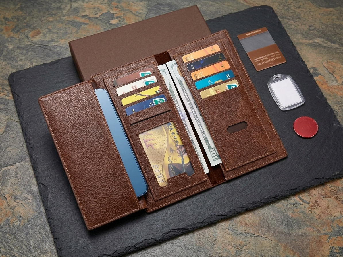 Brown leather long wallet with contents and accessories