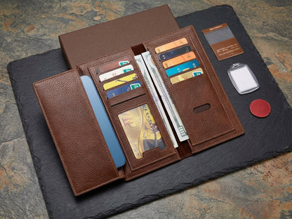Brown leather long wallet with contents and accessories