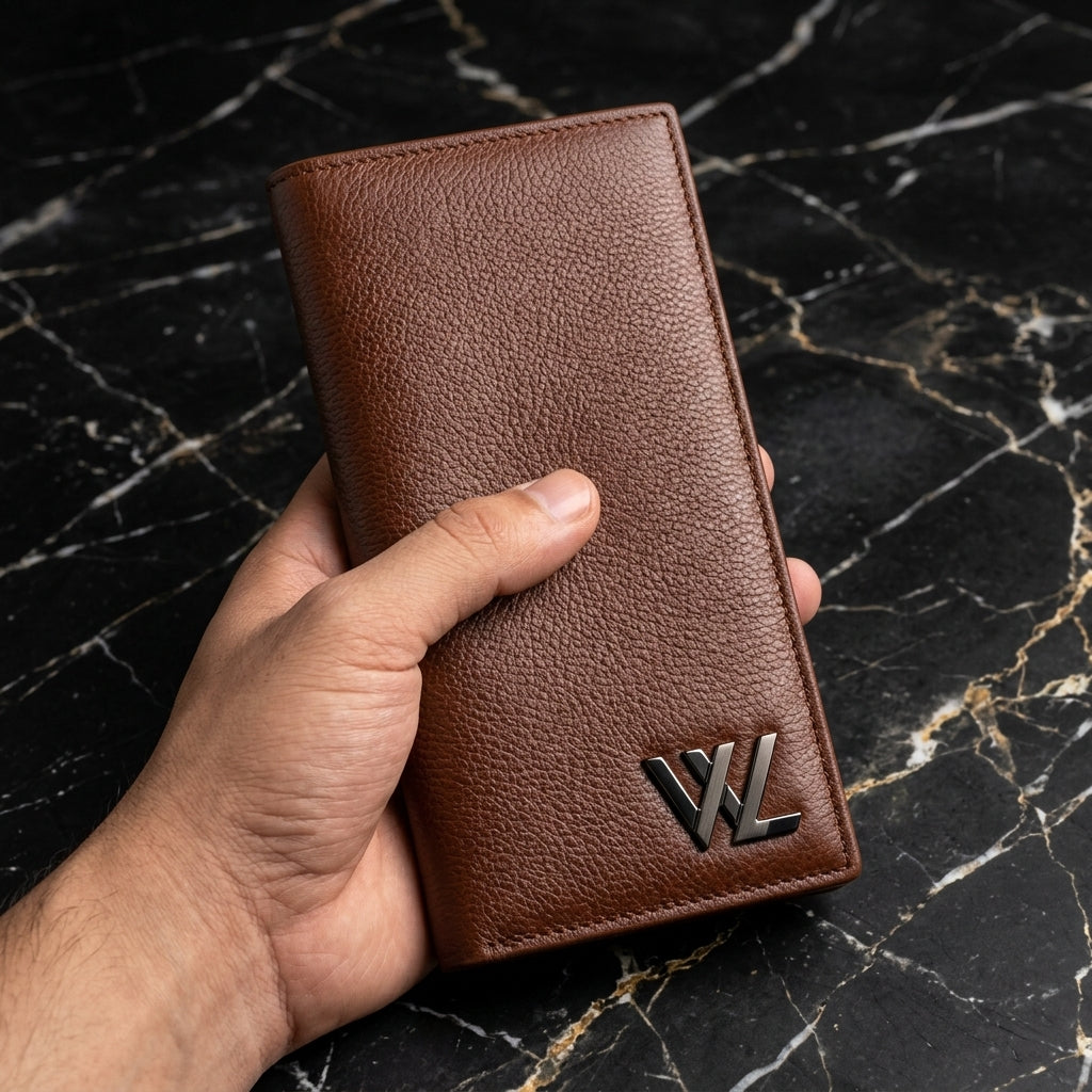 Brown leather long wallet held in hand
