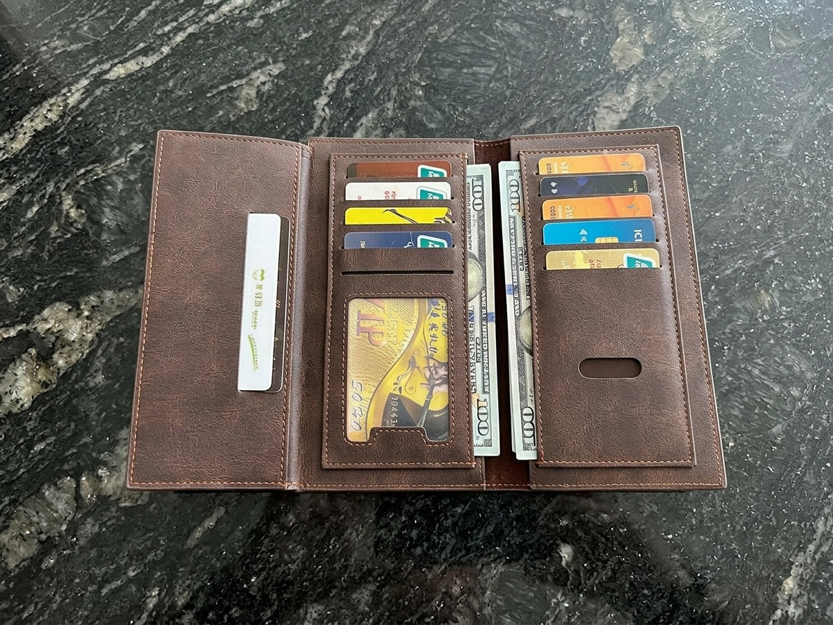 Leather wallet interior with card slots and cash