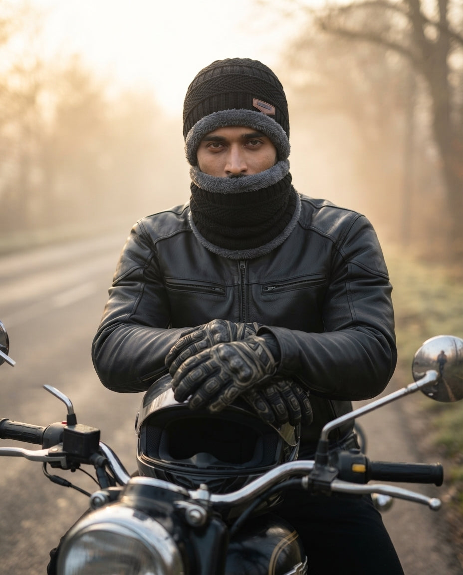 Man wearing black beanie and neck warmer while riding a motorcycle