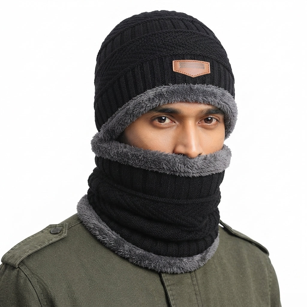 Close-up of black knit beanie and neck warmer with fleece lining