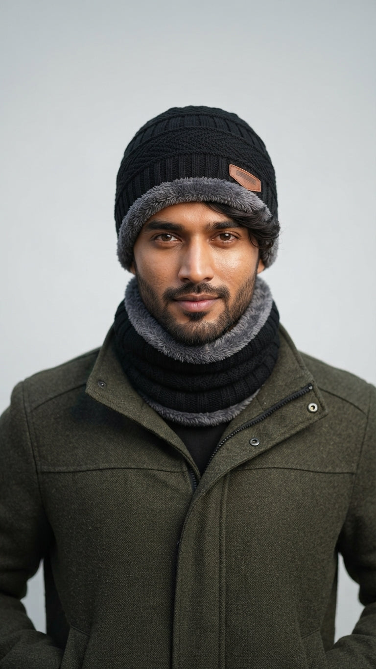 Man wearing black wool beanie and neck warmer, front view