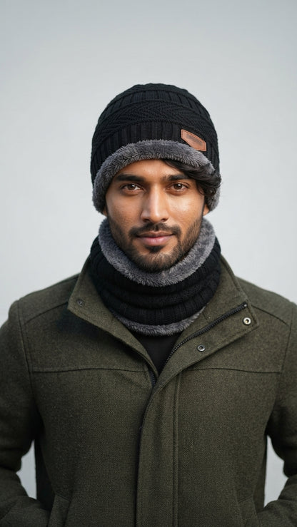 Man wearing black wool beanie and neck warmer, front view