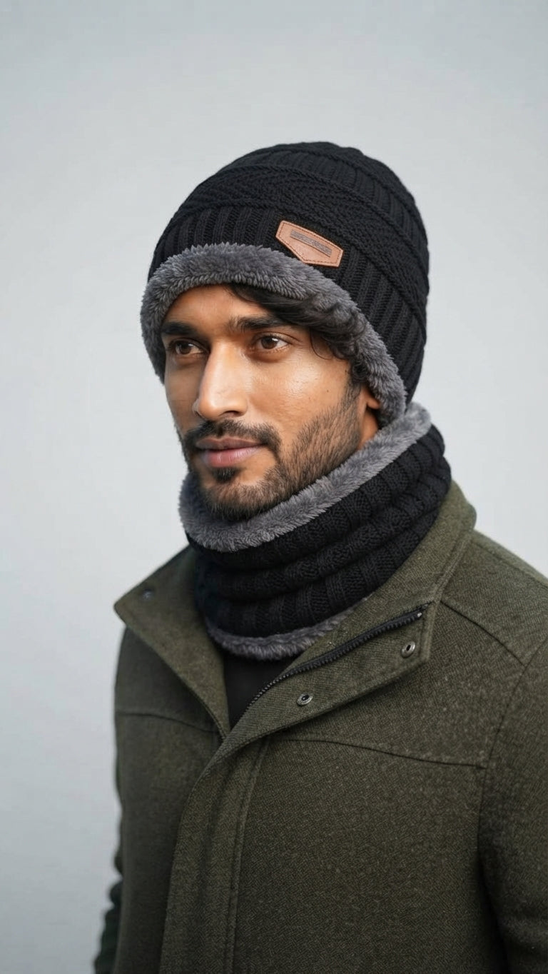 Man wearing black beanie and neck warmer, side angle