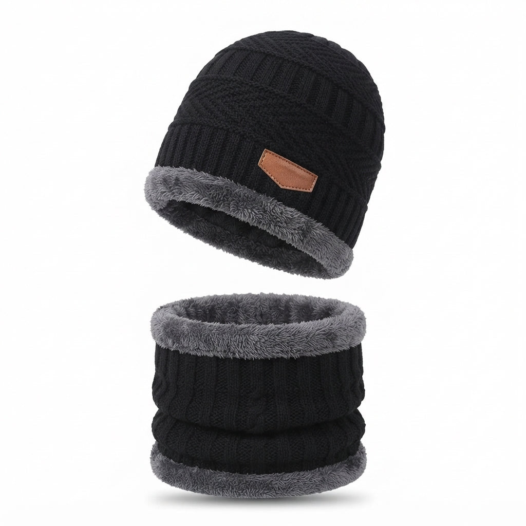 Black wool beanie and neck warmer set with fleece lining, alternate view