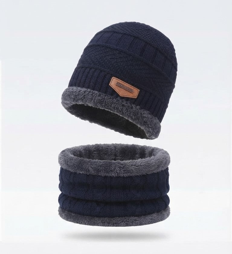 Navy blue fleece-lined beanie and neck warmer set