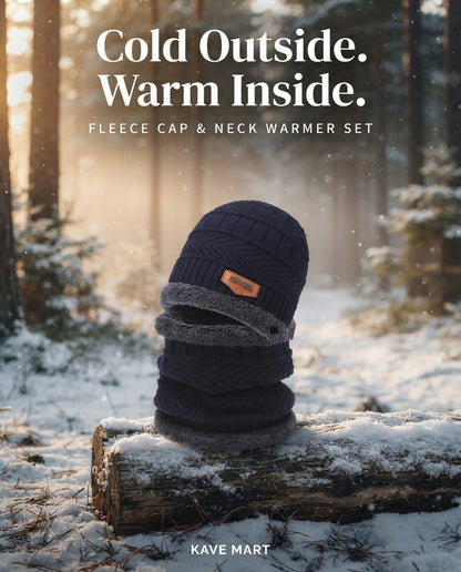 Black fleece-lined beanie and neck warmer set in a winter snow-themed ad