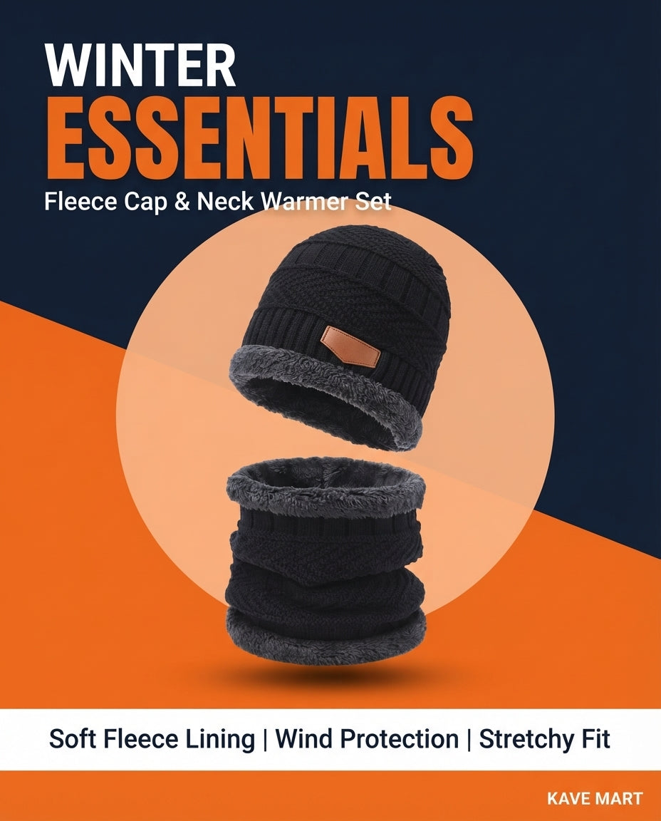 Black fleece-lined wool beanie and neck warmer set, winter warmth ad