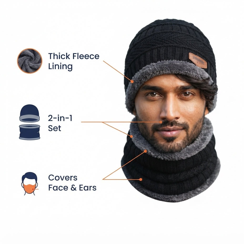 Features of the fleece-lined beanie and neck warmer set