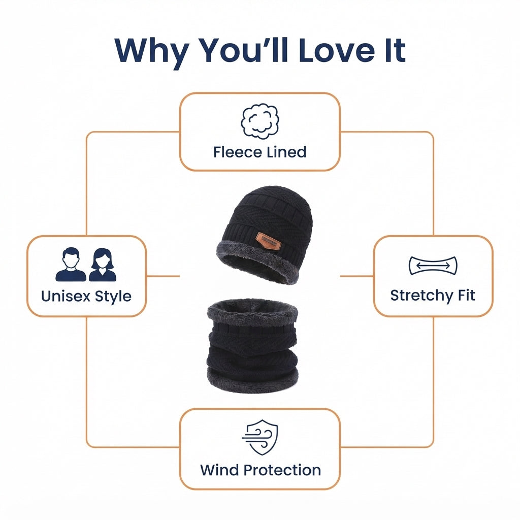 Highlights of the wool fleece-lined beanie and neck warmer set