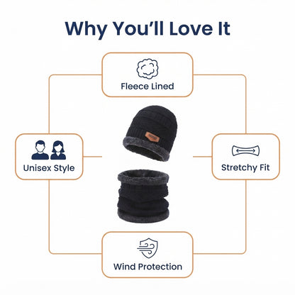 Highlights of the wool fleece-lined beanie and neck warmer set