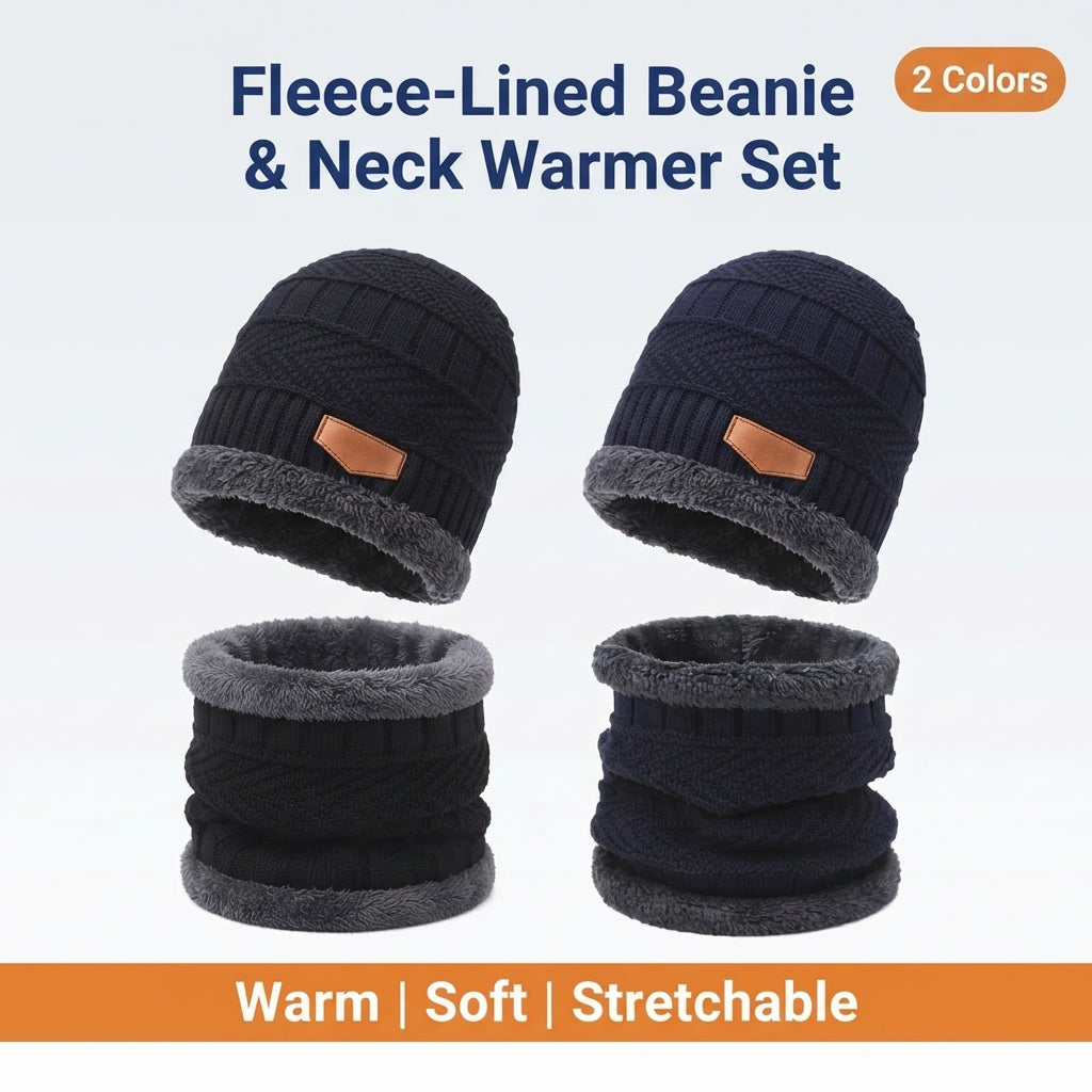 Black and navy blue fleece-lined beanie and neck warmer sets