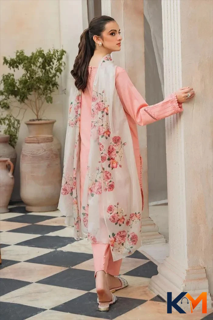 Unstitched Embroidered Peach Lawn 3-Piece Suit with Floral Dupatta
