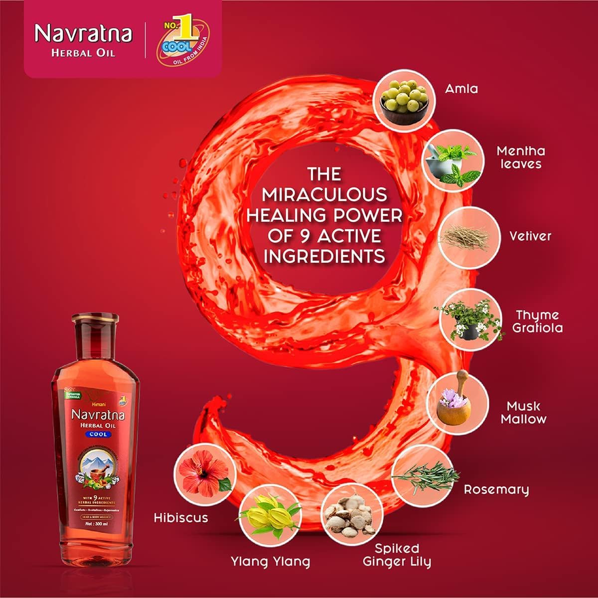 Himani Navratna Ayurvedic Cool Oil with 9 active herbal ingredients