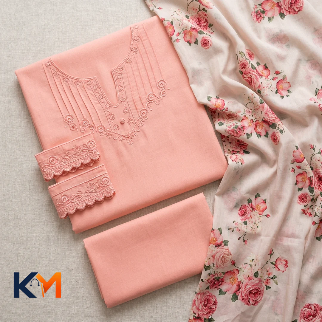 Unstitched Embroidered Peach Lawn 3-Piece Suit with Floral Dupatta