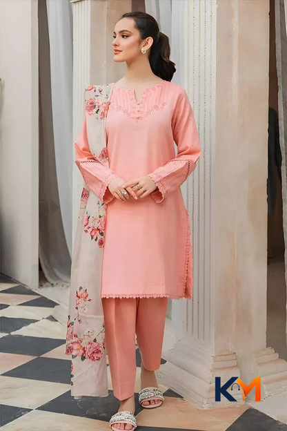 Unstitched Embroidered Peach Lawn 3-Piece Suit with Floral Dupatta